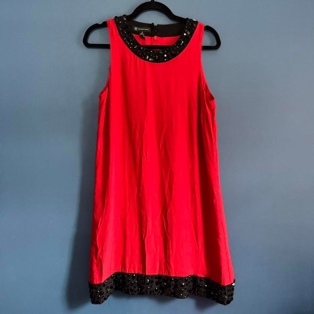 Y2K Inc Silk Shift‎ Dress Women's Size 6 Red Black Beaded Retro Mod Indie Party
